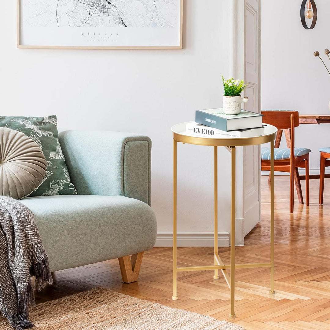 Gold Side Table, Metal Folding End Table White