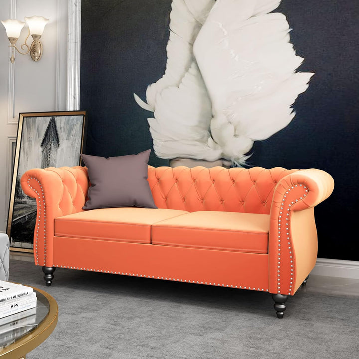 Chesterfield Loveseat, Modern Velvet Sofa Tufted Couch (Orange)