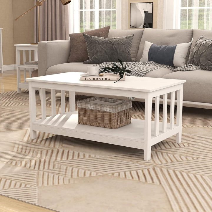 Farmhouse Coffee Table, White Living Room Table with Shelf