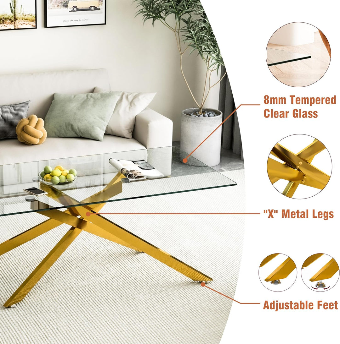 Elegant Gold Glass Coffee Table for Modern Living Room, F-gold1