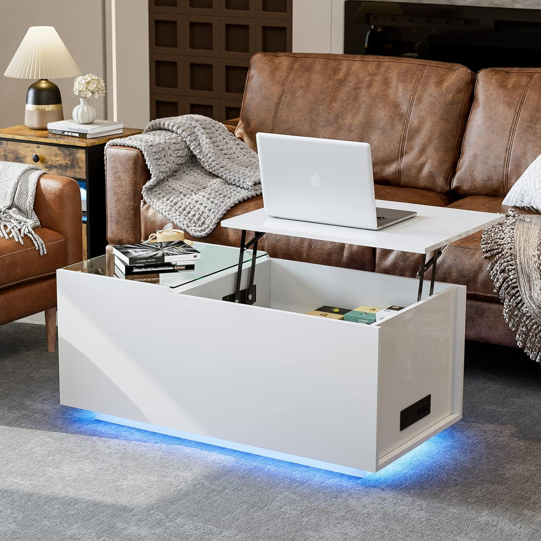 Lift Top Coffee Table with LED Lights and Charging Station, White