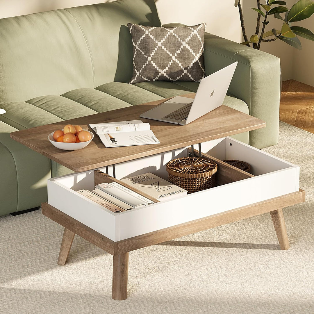 Meilocar Wood Coffee Table with Hidden Compartment, Ivory