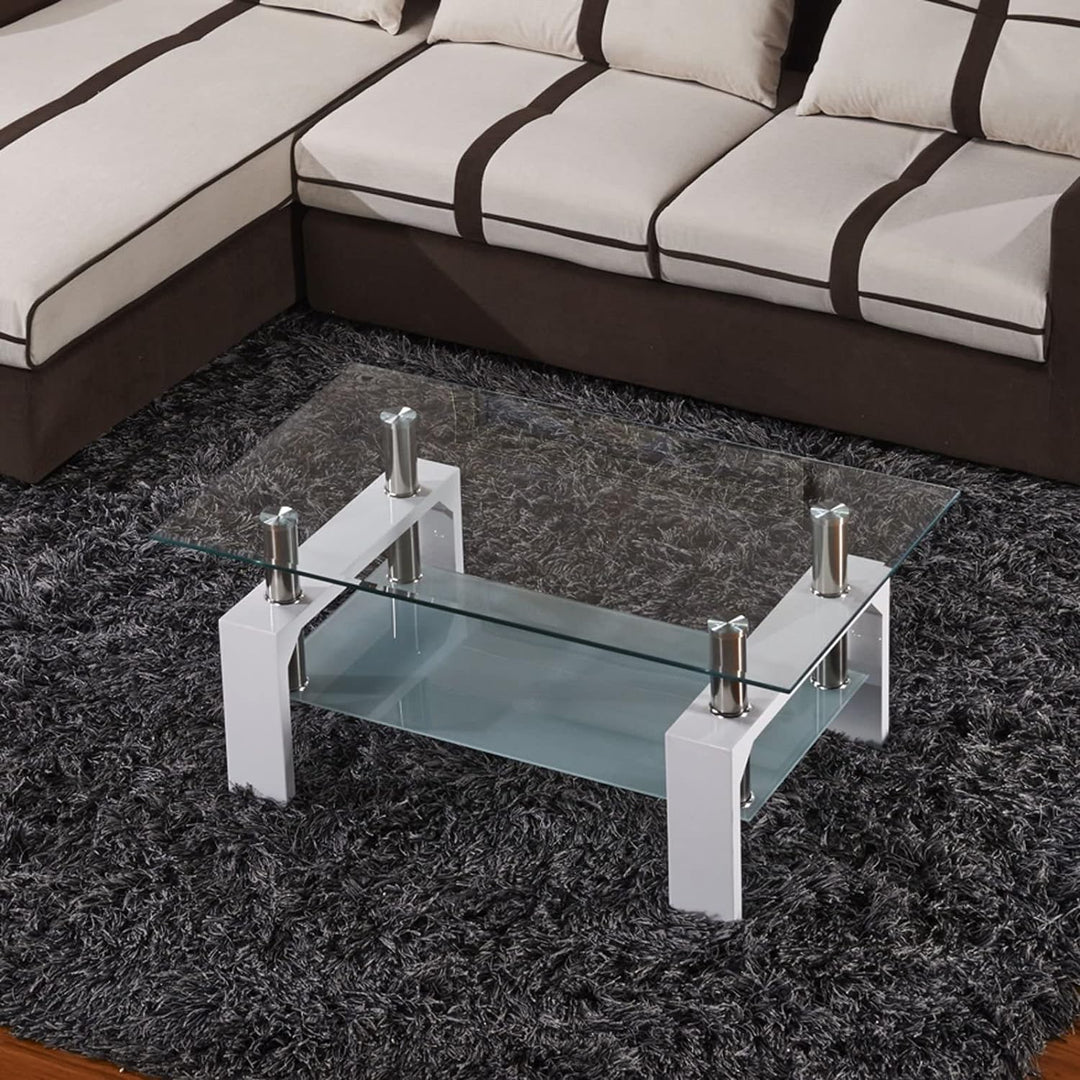 Modern White Glass Coffee Table with Lower Shelf, Metal Legs