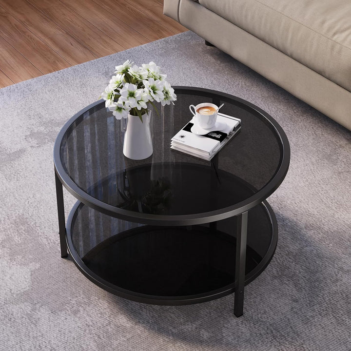 27.6'' Round Coffee Table 2 Tier Black Glass