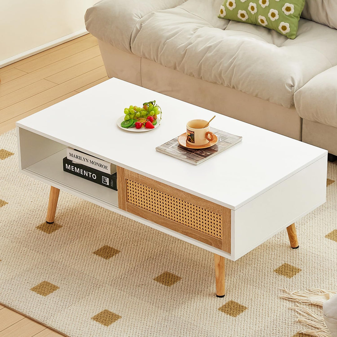 Mid Century Modern Coffee Table with Storage, Wooden Accent Center Sofa Table, White Natural Color