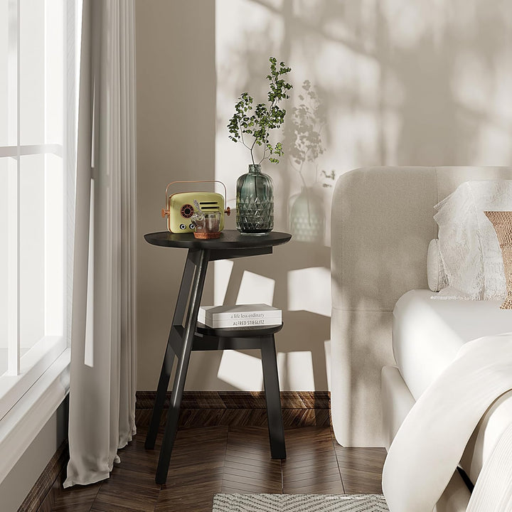 Round End Side Table, 2 Tier Shelves, Black