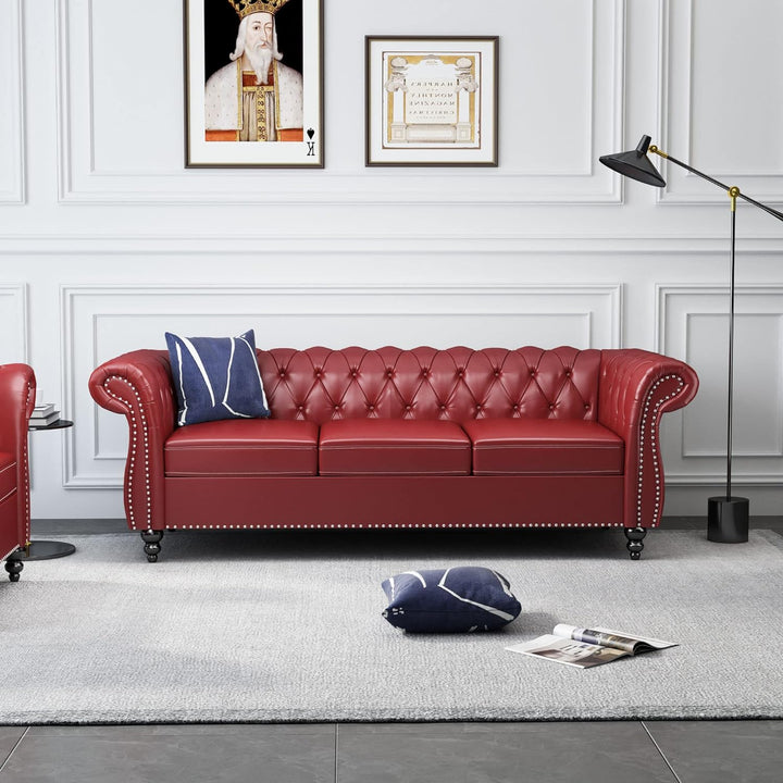 Chesterfield Sofa Leather, Modern PU Tufted Couch 3 Seater