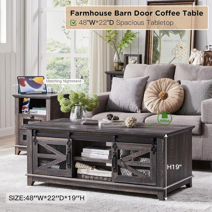 Rustic Farmhouse Coffee Table w/Storage, Sliding Barn Doors