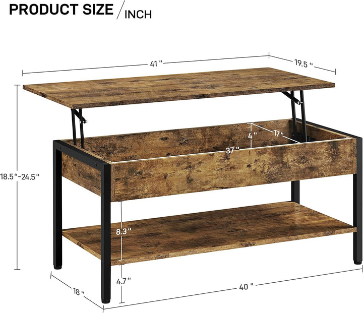 Lift Top Coffee Table w/ Hidden Storage, Wooden Lift-Up Table, Industrial Rustic Brown