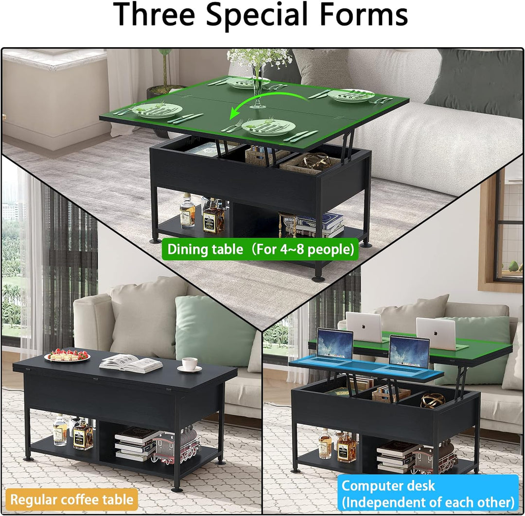 Lift Top Coffee Table with Hidden Compartment, Modern 4-in-1 Multifunctional Dining Table for Living Room, Black