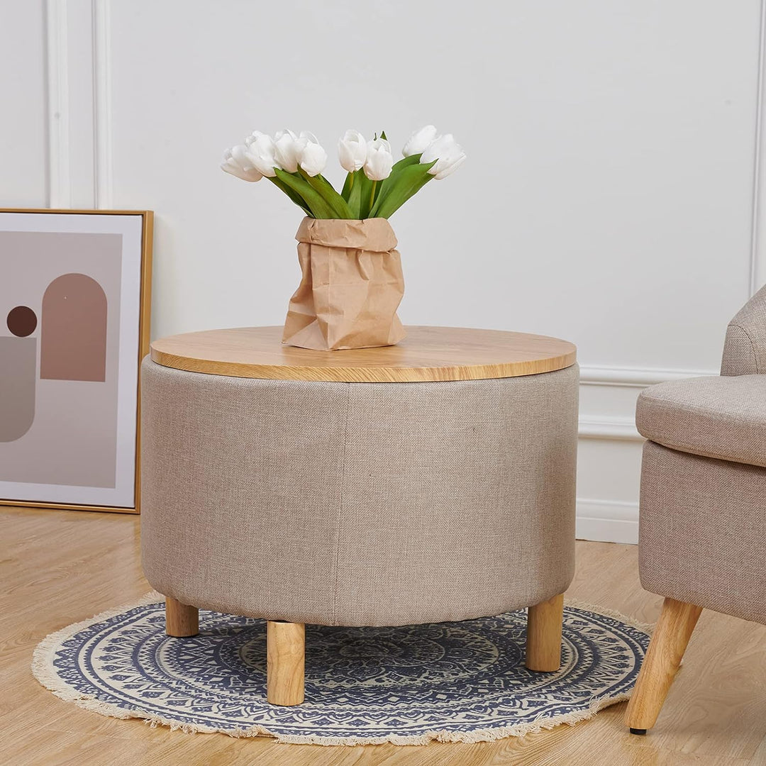 Round Coffee Table with Storage, Multi-Function Ottoman, Natural Color