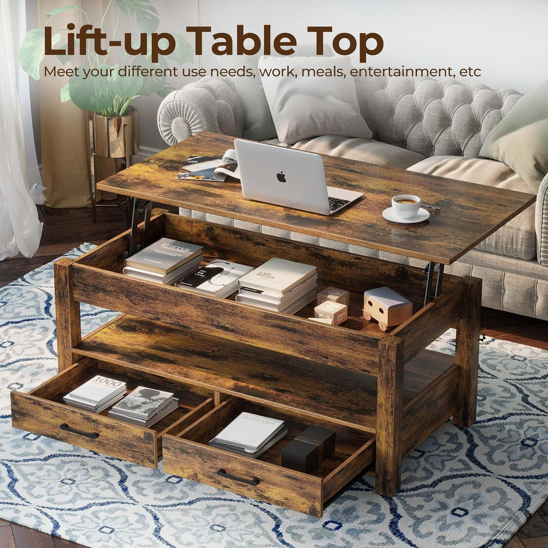 Rustic Lift-Top Coffee Table, Drawers, Hidden Compartment, Wooden