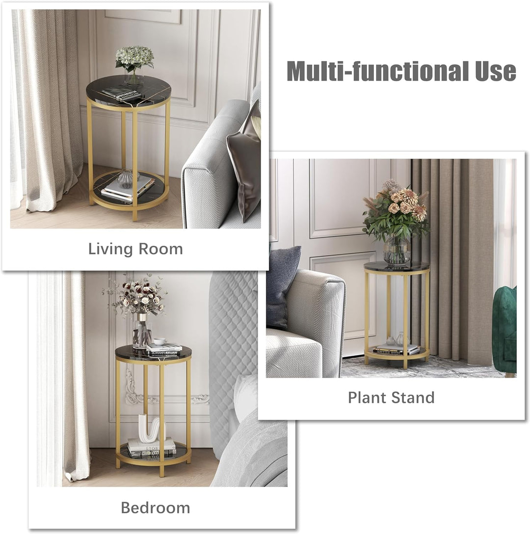 Round Side Table, Modern Nightstand End Table with Gold Metal Frame &Faux Marble Top