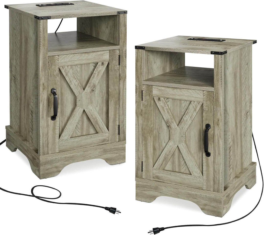 Nightstand Set of 2 with Charging Station, Wooden End Table