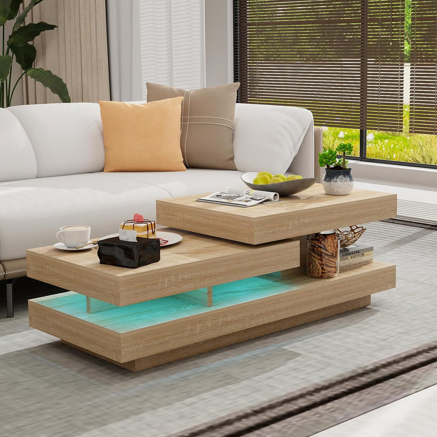 Minimalist Modern 3-Tier Rectangle Coffee Table with 16-Color LED, R2