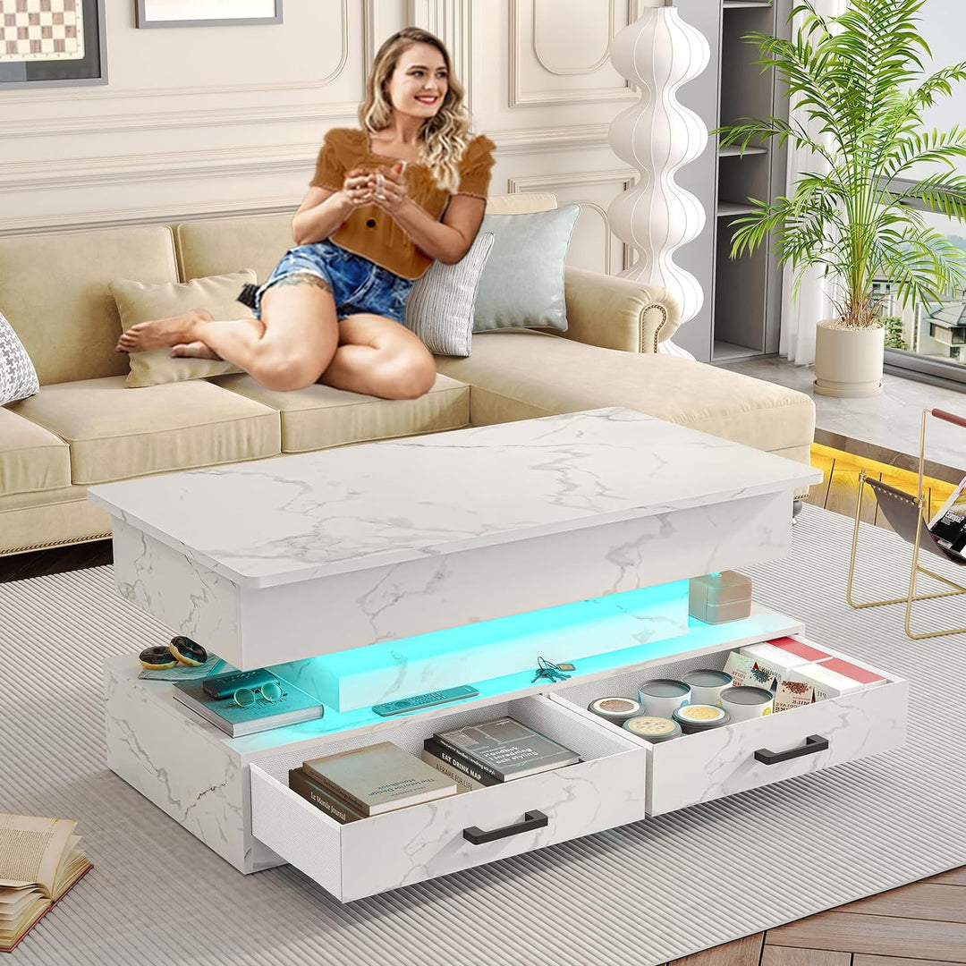 Elegant Lift-Top Coffee Table, Storage, LED Light, White Marble