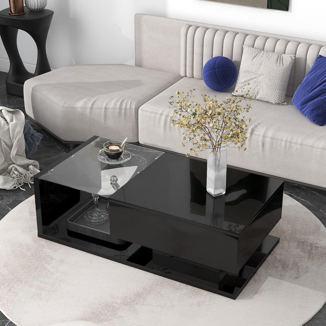 Modern Wooden Coffee Table with Tempered Glass Top, Black