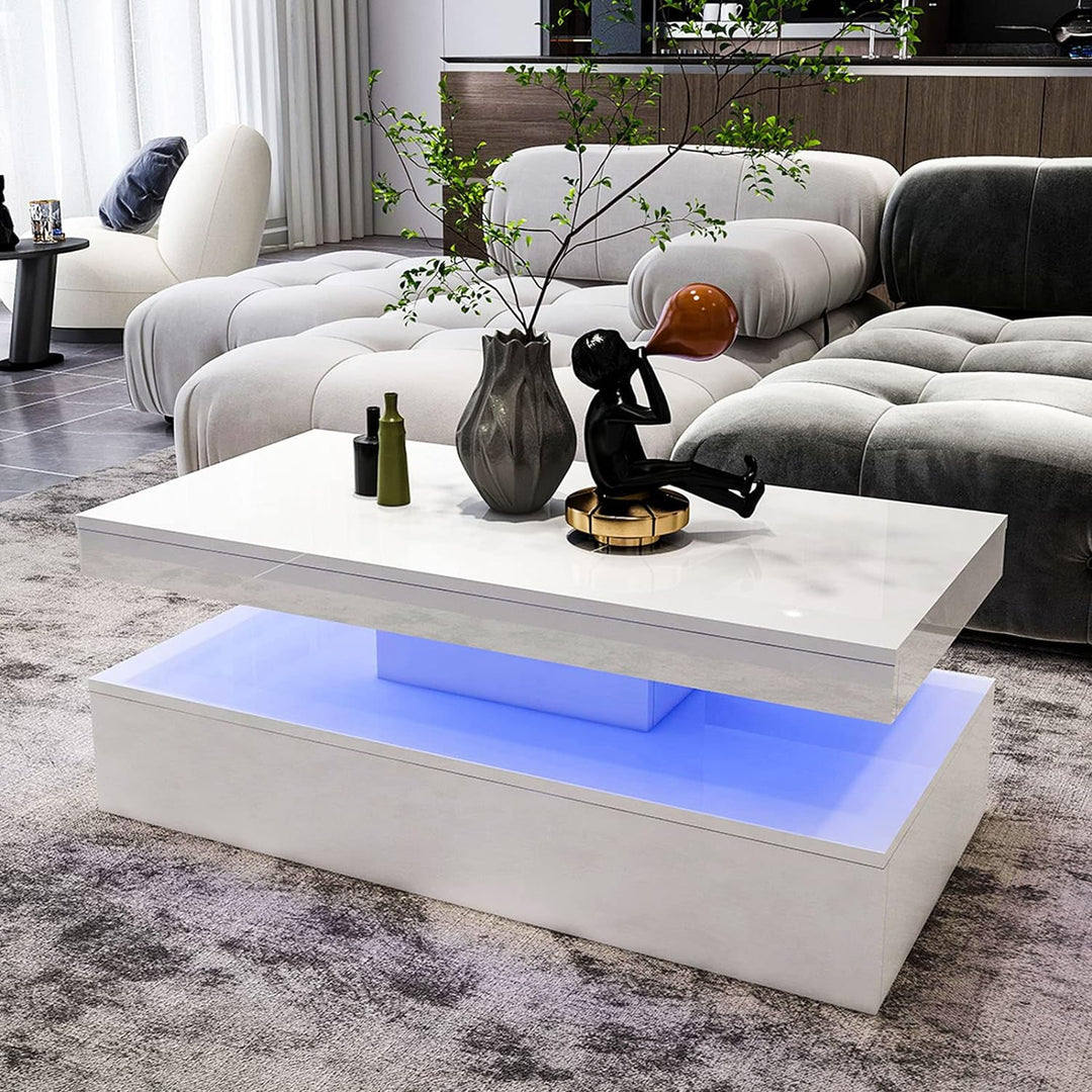 LED Coffee Table, Modern Coffee Table with Remote Control, High Gloss Rectangular Coffee Table, White