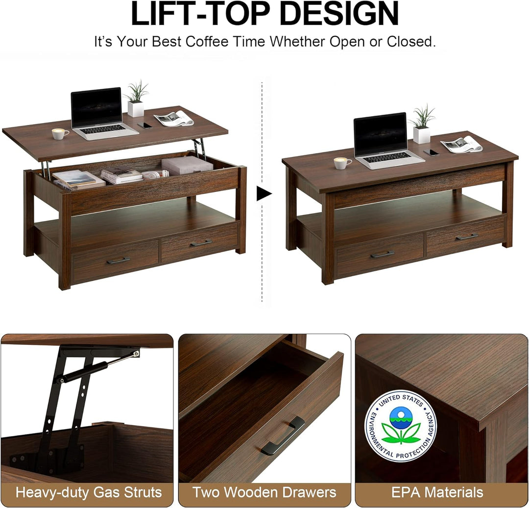 Lift Top Coffee Table with Storage Drawers, Retro Central Table, Espresso