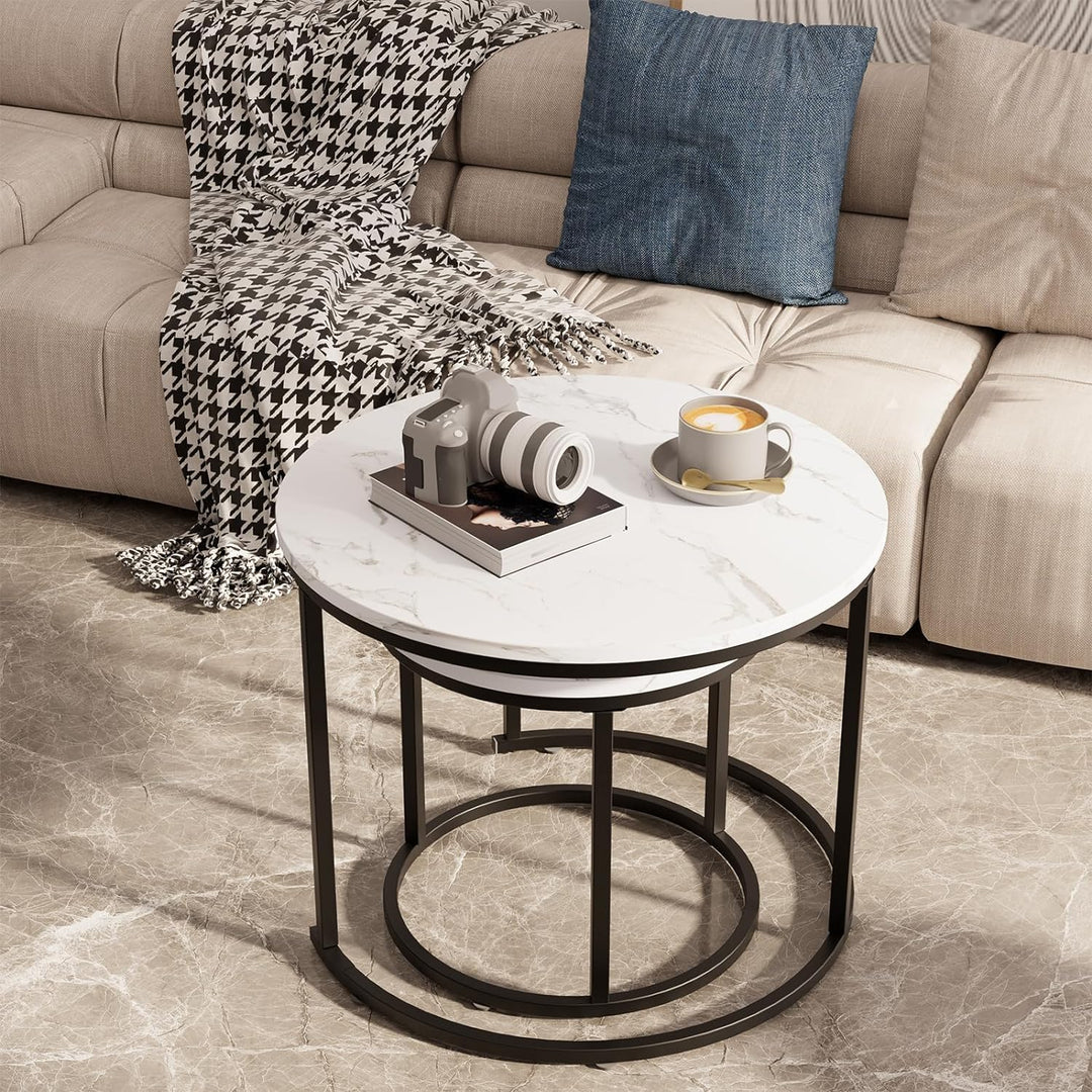 Elegant Round Nesting Coffee Table Set, Faux Marble Wooden Accent Tables, White