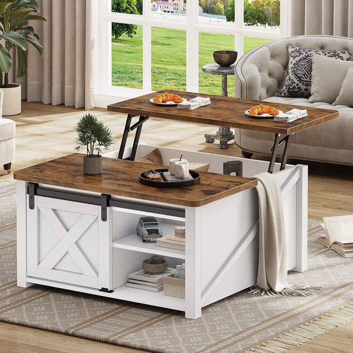 Lift Top Coffee Table with Storage, Square Farmhouse, White