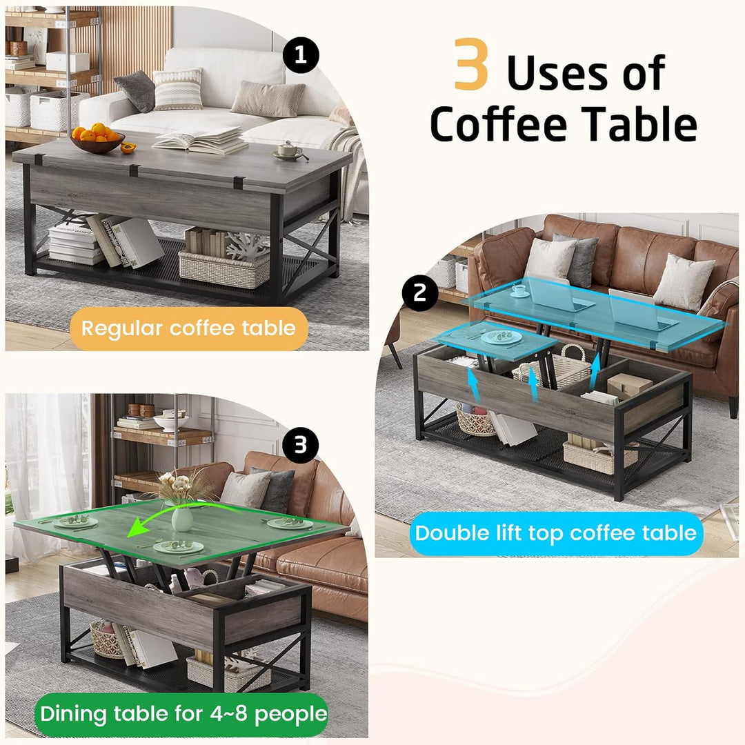 Lift Top Coffee Table with Storage, 3-in-1 Multi-Function Small Coffee Table for Living Room, Grey