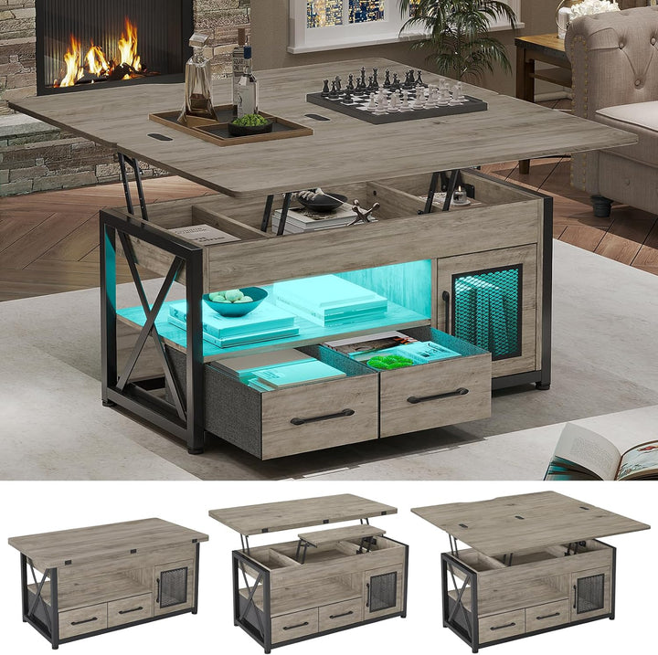 Lift Top Coffee Table with Storage Cabinet and Drawers, Grey