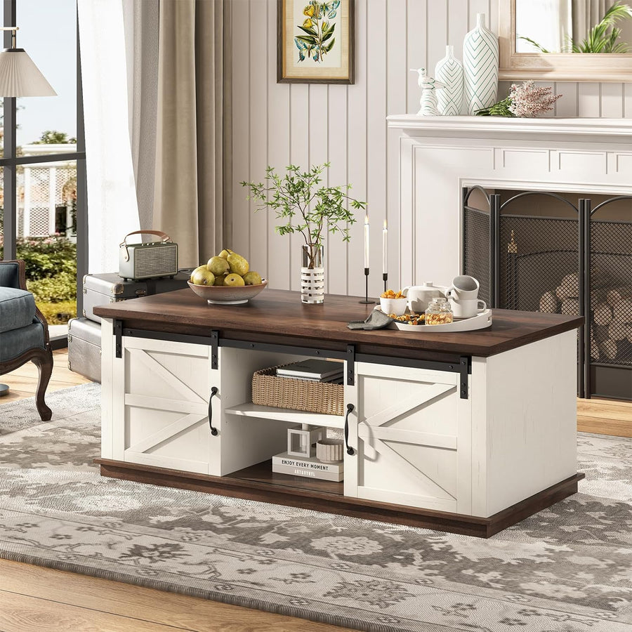 Farmhouse Coffee Table w/ Storage, Sliding Barn Doors, Rustic (White, Brown)