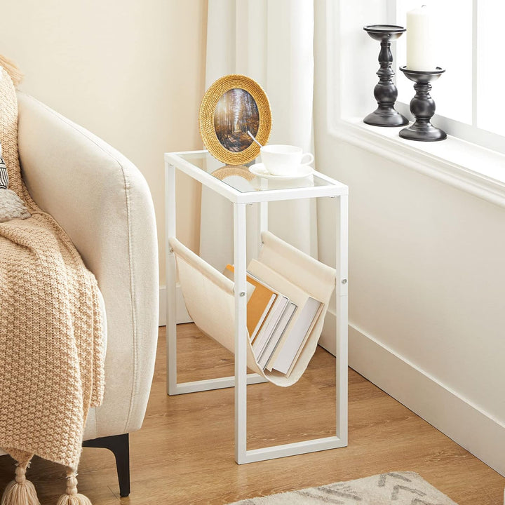 Narrow Side Table, Tempered Glass End Table, White