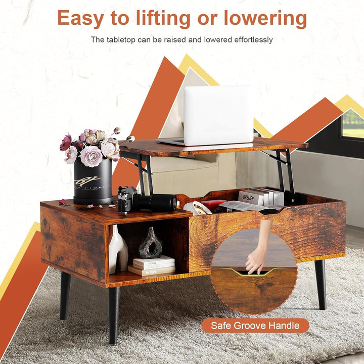 Lift Top Coffee Table with Hidden Storage, Adjustable Laptop Desk, Rust