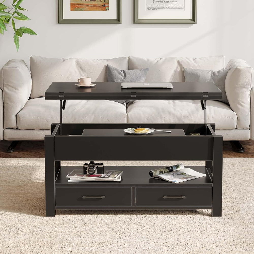 Multifunctional Coffee Table with Lift Top, Drawers, Hidden Compartment, Converts to Dining Table, Black