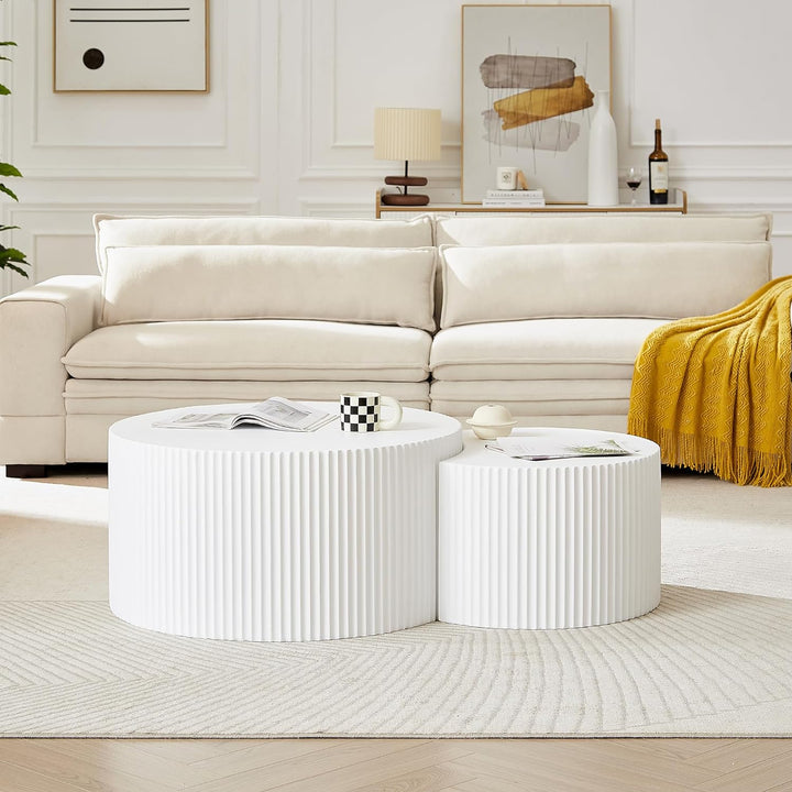 Modern Luxury Nesting Coffee Table Set, Wood Circle Drum, Round-white-2