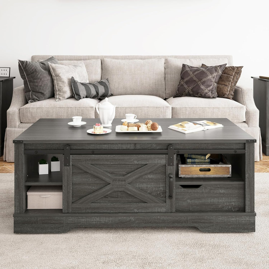 Farmhouse Coffee Table with Storage, Rustic Living Room Table, Dark Grey