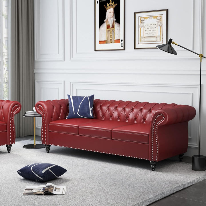 Chesterfield Sofa Leather, Modern PU Tufted Couch 3 Seater