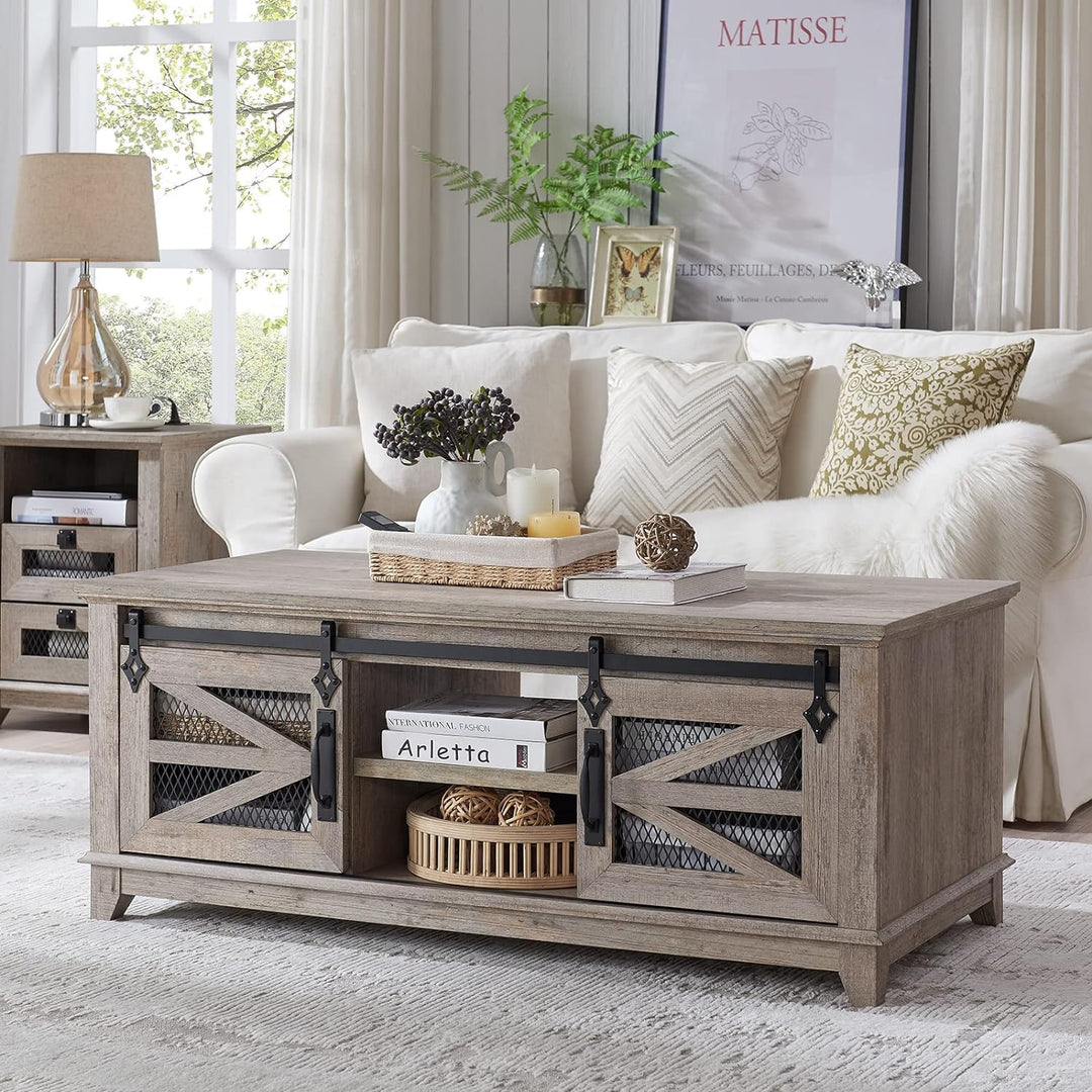 Rustic Coffee Table w/ Storage & Sliding Barn Doors, Light Oak