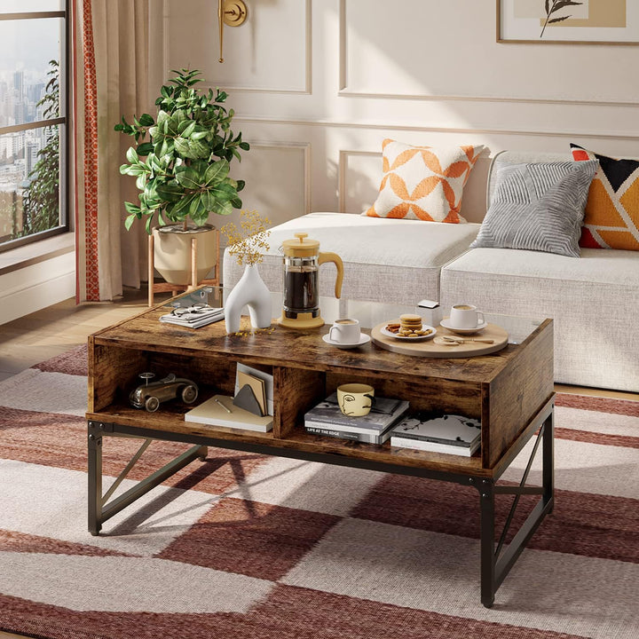 Bestier Glass Coffee Table with Storage, 42" Rustic Brown