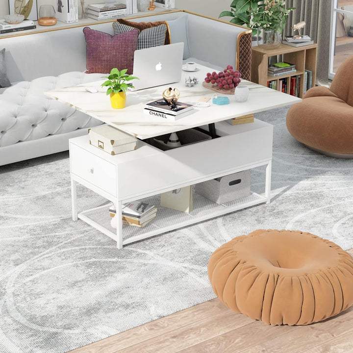 Lift Top Coffee Table with Storage Drawers and Hidden Compartment, Faux Marble White