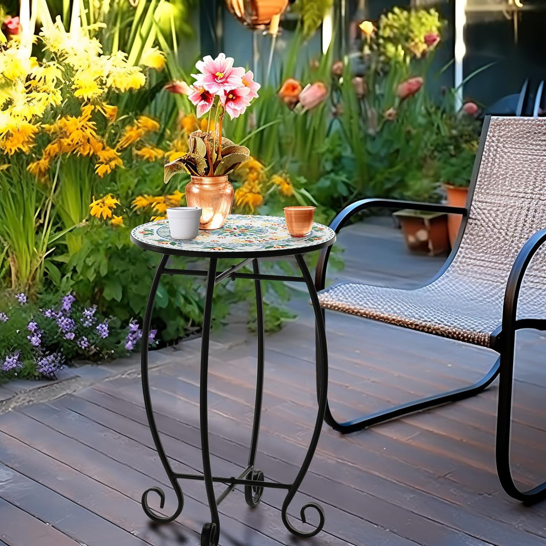 Side Table, 14" Round End Table, Unique Relief Ceramic Tile Tabletop