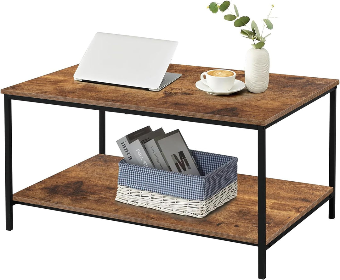 Small Rectangular Wood and Metal Coffee Table with Storage Shelf