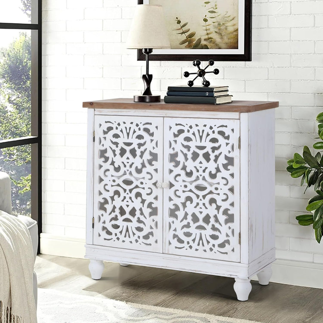 White Sideboard Buffet Cabinet, Hollow-Carved