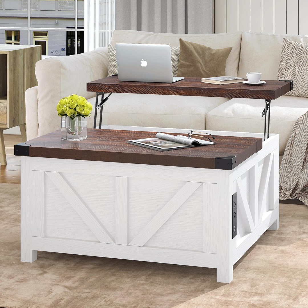 Farmhouse Lift Top Coffee Table with Storage, Wood Square Center Table with Charging Station and USB Ports, Living Room Central Table with Large Hidden Space, White