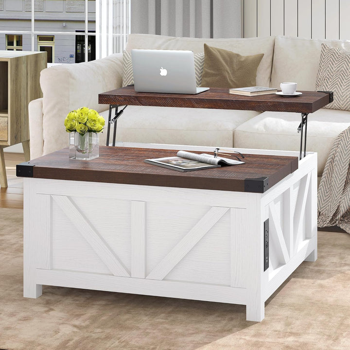 Farmhouse Lift Top Coffee Table with Storage, Wood Square Center Table with Charging Station and USB Ports, Living Room Central Table with Large Hidden Space, White