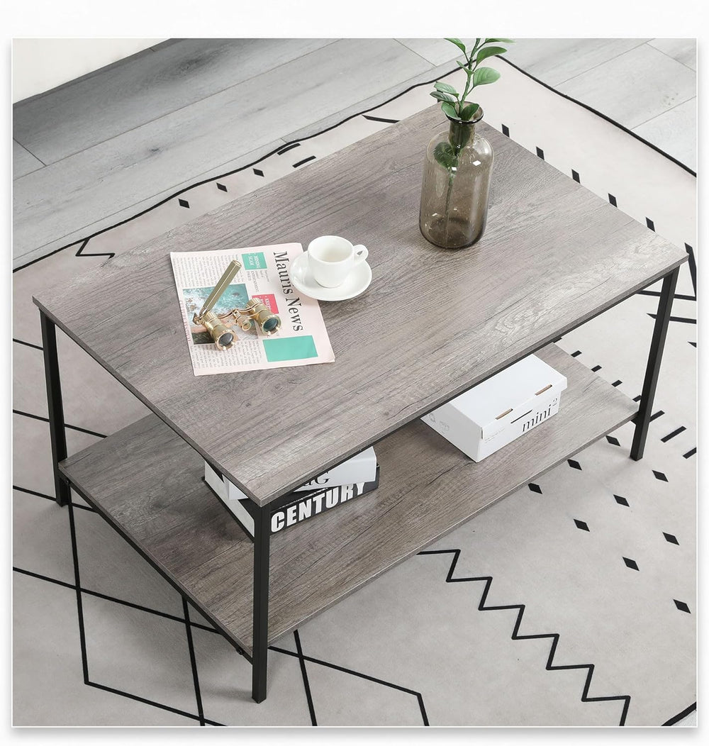 2-Tier Coffee Table with Storage Shelf, Grey Oak