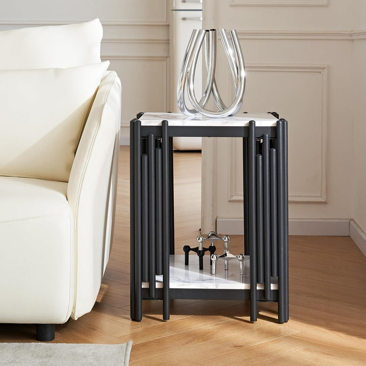 Elegant Marble Side Table, Modern Narrow End Table with Storage