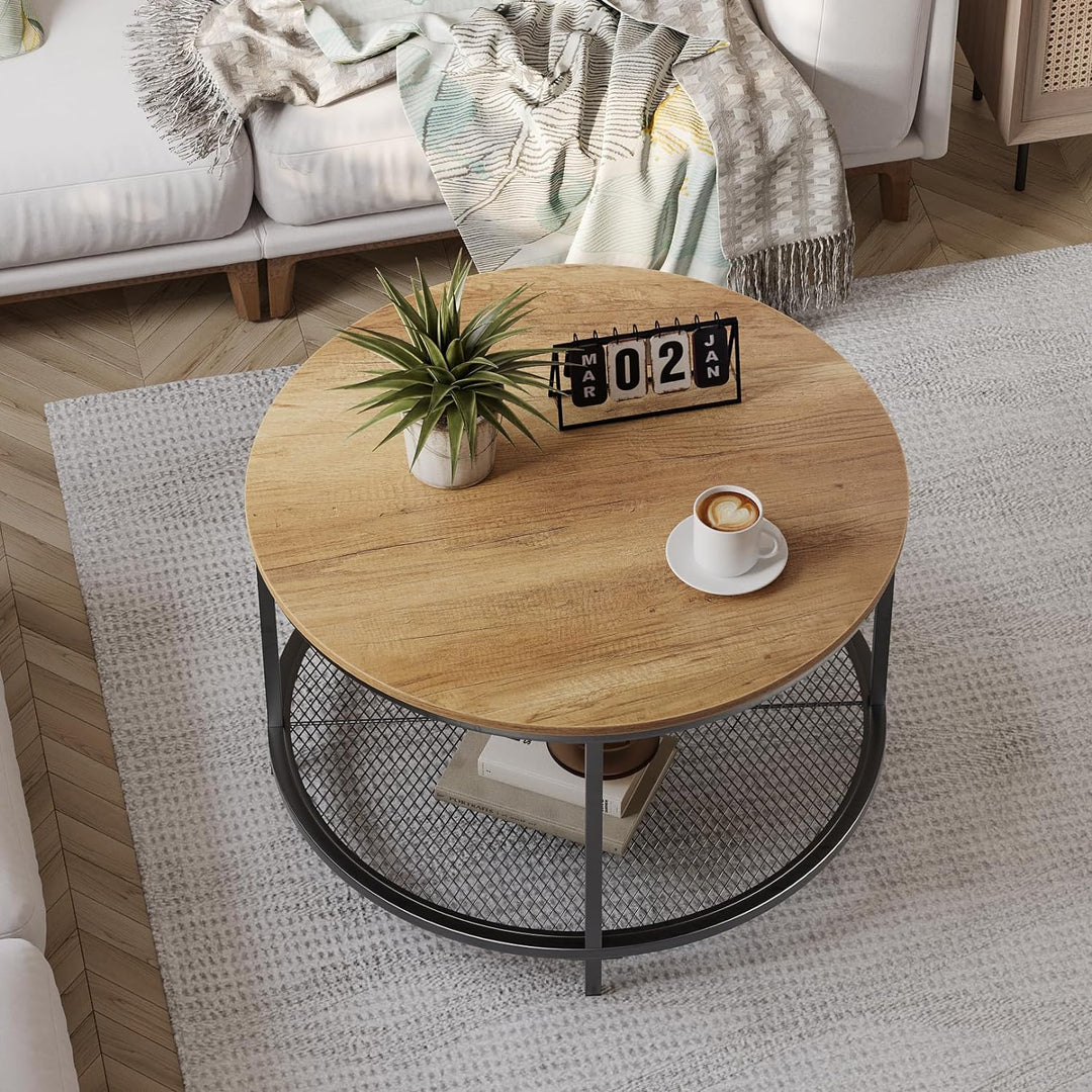 31.5" Round Coffee Table, 2-Tier Brown Wood Living Room Table, Industrial