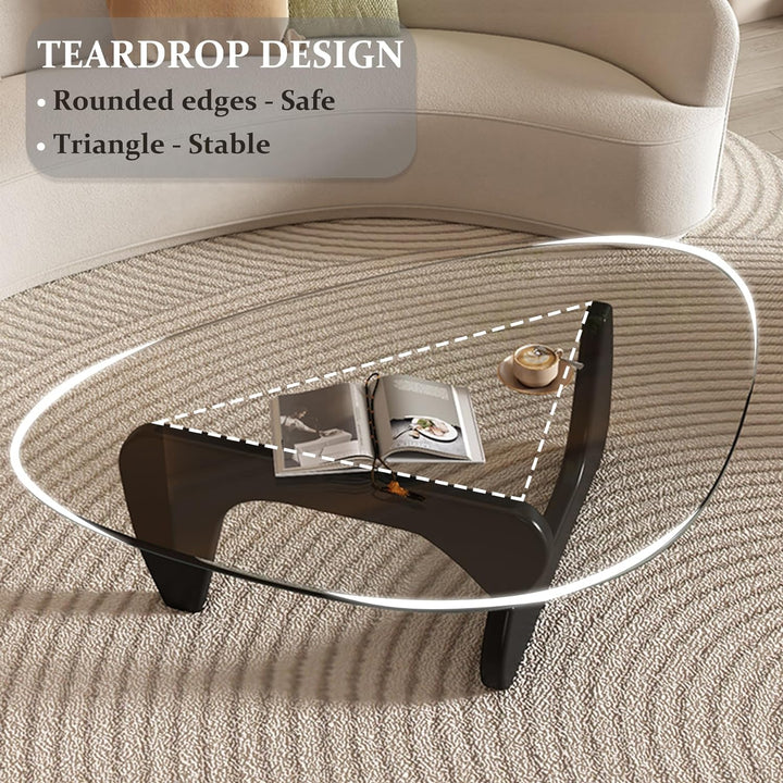 Triangle Coffee Table in Walnut, Mid-Century Modern Solid Wood Base and Triangle Clear Glass Coffee Table for Living Room, Low Minimalist Tea Table, Black Transparent