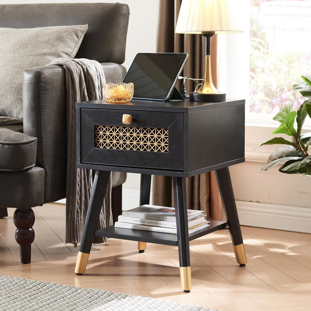 Mid Century Modern End Table w/ Charging Station, Black