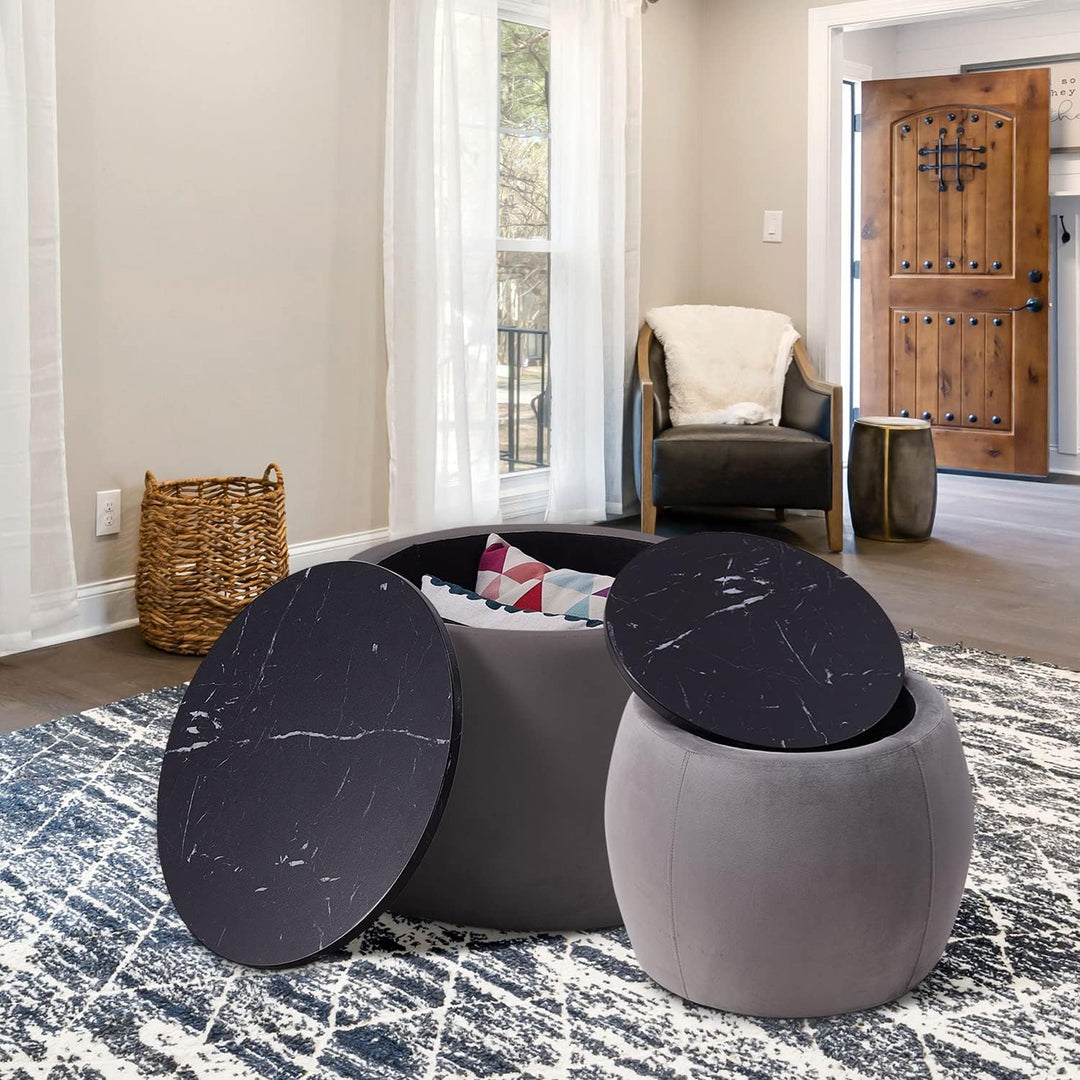 Round Coffee Table with Storage, Velvet Oversized Drum Ottoman Set, Grey