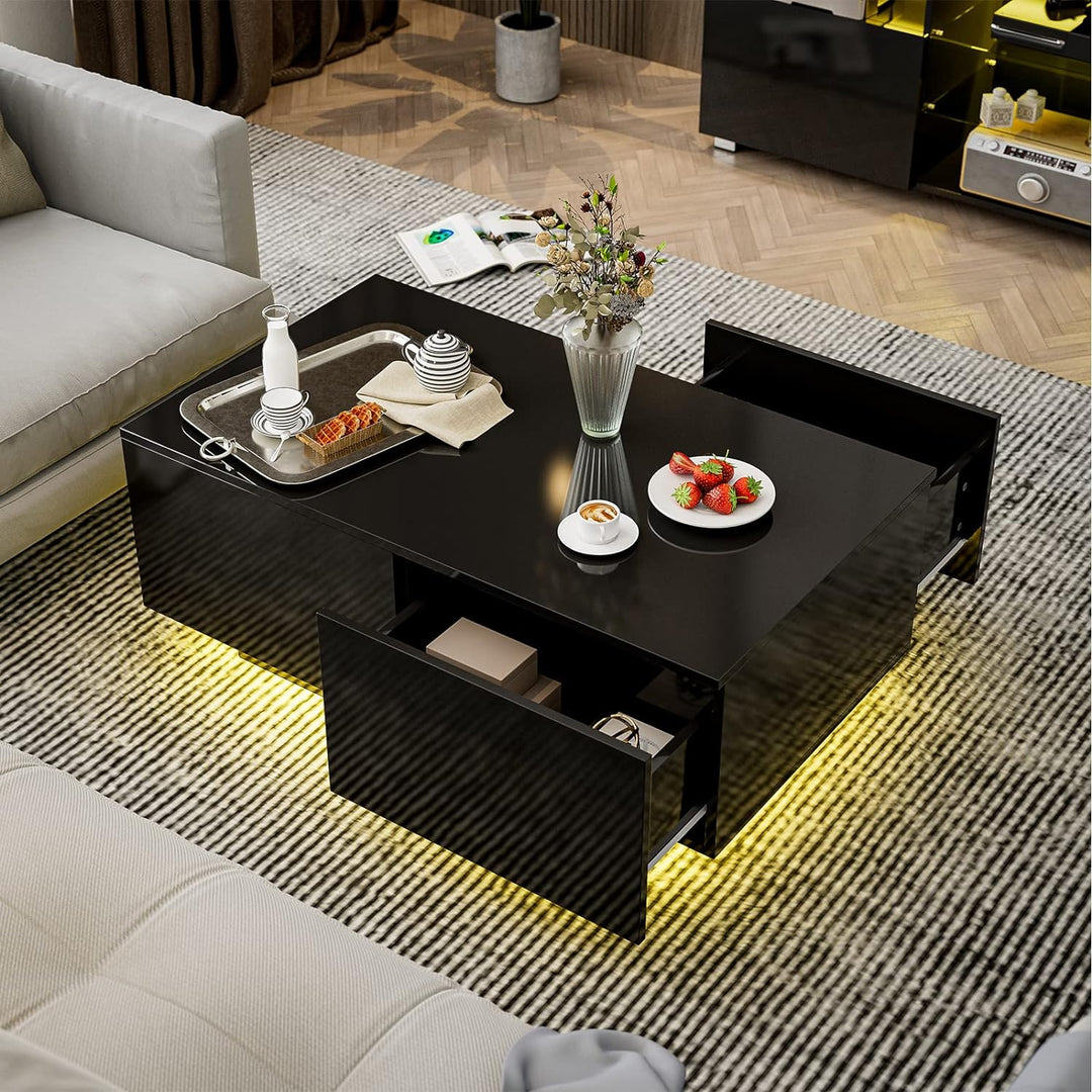 Modern LED Coffee Table with 4 Drawers, Black High Gloss