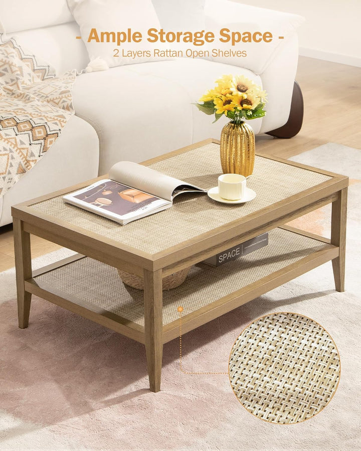 Rattan Coffee Table with 2-Tier Storage, Boho Rectangle Center Table, Oak